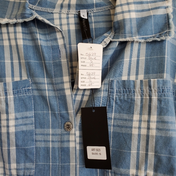 Venti6 Plaid White Blue Tunic Dress Button Up Chunky Collar Raw Hem Size Small - Picture 8 of 10